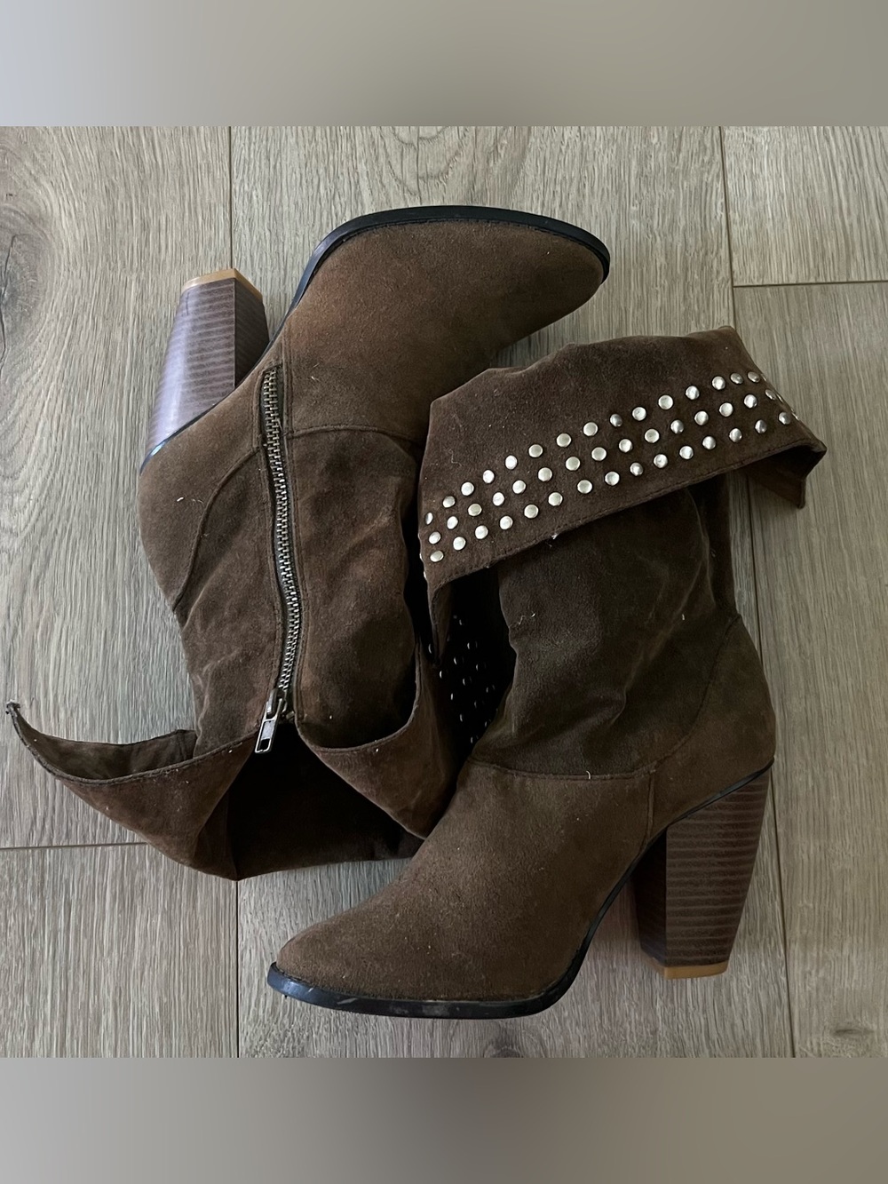 Toi et Moi Brown Suede Studded Fold-Over Mid-Calf Heeled Boots